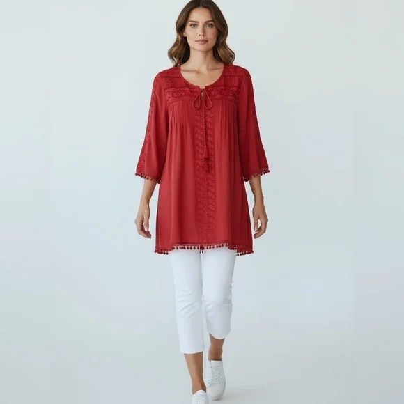 Sundance Red Bohemian Silky Lace Trim 3/4 Tab Sleeves Tunic Top Women’s Small - Picture 3 of 10